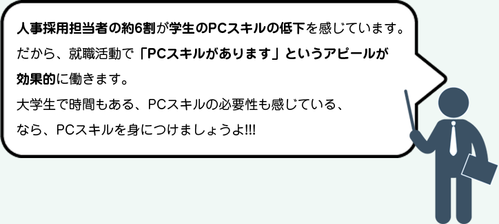 人事採用担当者の約6割が学生のPCスキルの低下を感じています。だから、就職活動で「PCスキルがあります」というアピールが効果的に働きます。
								大学生で時間もある、PCスキルの必要性も感じている、なら、PCスキルを身につけましょうよ!!!